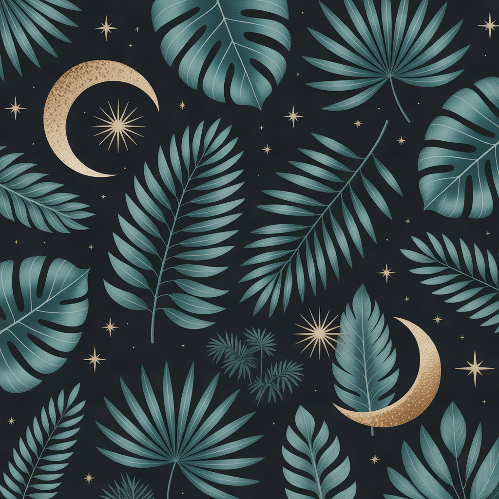 Fond botanique nocturne avec feuilles sombres et motifs de lune